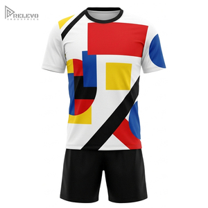 Conjunto de Uniforme de Fútbol Sublimado Personalizado, Diseño Geométrico Abstracto Mondrian, Camiseta y Pantalones Cortos de Secado Rápido, Poliéster/Algodón, Cuello en V, para el Día del Partido - Product Image 1