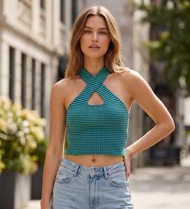 Women's Casual Short <b>Striped</b> Halter <b>Crop</b> <b>Top</b> 220g All Seasons Wholesale OEM ODM Crisscross Keyhole Cutout Sleeveless Knit Bulk - Product Image 6