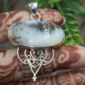 Pendentif ovale en opale dendritique naturelle, argent sterling 925, fait main, bijoux vintage en filigrane, opale dendritique blanche, pendentif statement - Product Image 5