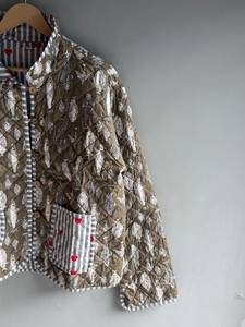 <b>Quilted</b> Cotton <b>Jacket</b> Women Stand Collar Full Sleeve Autumn Regular Length Patch Pocket Printed Fish <b>Pattern</b> GIFT FOR HER - Product Image 3