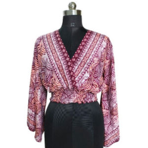 Blusa Casual de Algodón para Mujer, Cuello en V, Manga Larga con Volantes, Cintura Fruncida, Estampado y Bordado, Colores Personalizados Disponibles (ODM) - Product Image 1