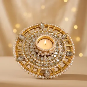 Handmade Round <b>Tea</b> <b>Light</b> <b>Holder</b> with Pearl and Crystal Embellishments for Wedding Christmas Easter Birthday Home Decoration - Product Image 5