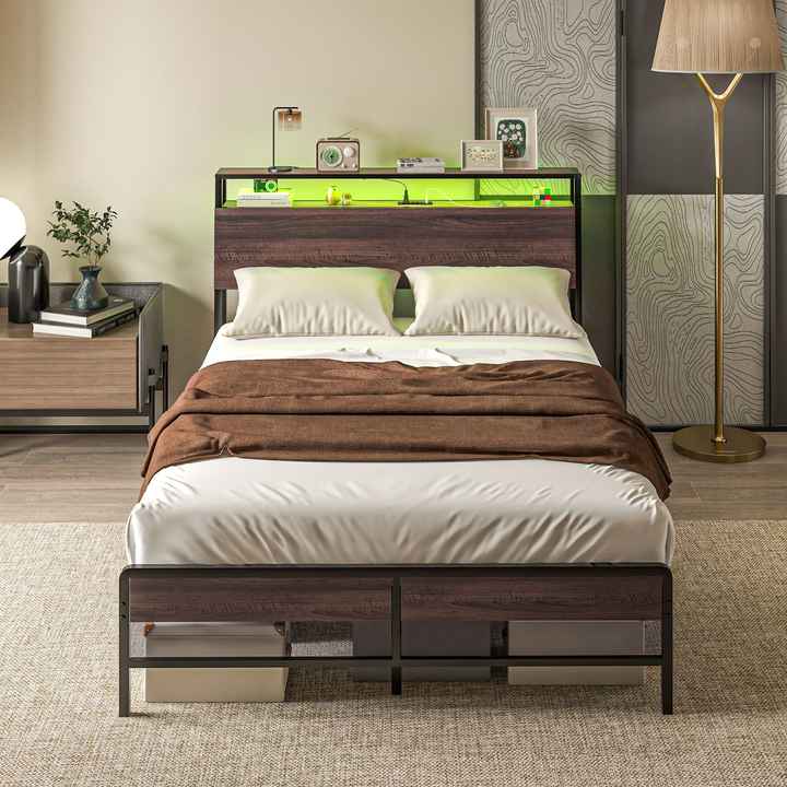 Noise-Free Walnut Full Size Bed Frame with LED Lights & Charging Station Up-Holstered Storage Headboard