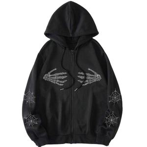 Sweat à capuche homme en molleton bouclette coupe oversize et carrée sans cordon de serrage, avec strass, respirant, écologique, délavé à l'acide, zippé, pour l'automne - Product Image 5
