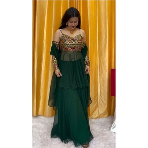 FIL GEORGETTE ATTRACTIF ET SEQUENCE TRAVAIL TOP PALAZZO AVEC DUPATTA VERT - Product Image 1