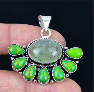 Pendentif demi-fleur en pierre précieuse de préhnite, turquoise vert cuivré, collier floral, bijoux plaqués argent, bijoux pour femmes - Product Image 1