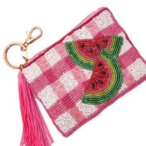 Monedero de alta calidad con cuentas de sandía, bolsa a cuadros rosa, llavero con borla, cartera, tarjetero de cuentas de cristal, porta dinero para mujer - Product Image 1