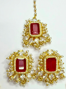 Classic 18K Gold Plated Red Boho Necklace Set with Statement <b>Stud</b> <b>Earrings</b> and Maangtika Wholesale Set Customization available - Product Image 2