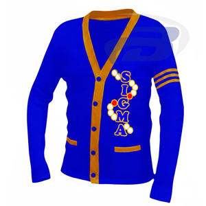 Suéter Cárdigan de la Hermandad Sigma Gamma Rho, Tejido Azul Rey con Rayas Amarillas y Logotipo Bordado SGR, Ropa de Hermandad Griega - Product Image 2
