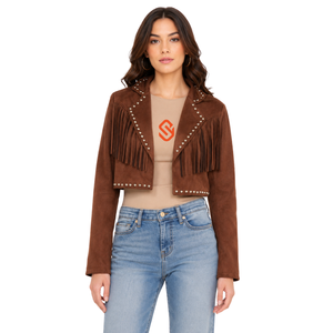 Genuine Suede Leather Fringe <b>Jacket</b> <b>Women</b> Brown Studded Cropped Notch Lapel Open Front Western Cowgirl Coat Real Suede Boho - Product Image 1