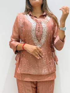 Nouvel ensemble chemise et pantalon de créateur pour femme, brodé à la main, boléro réversible – Extensible, infroissable, séchage rapide, SALSA SILK, idéal pour toutes les occasions - Product Image 4