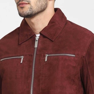 <b>Men's</b> <b>Suede</b> Bomber <b>Jacket</b> Maroon Stand Collar Zipper Closure Casual Winter Style Slim Fit Regular Length Windproof Front Logo - Product Image 4