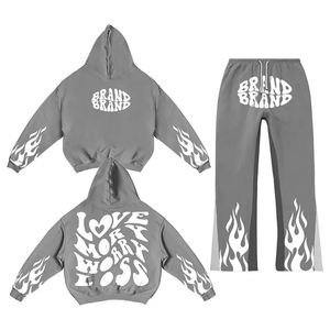 Custom Red Flame Print Heavyweight Hoodie Sweatpants Blank Y2K Streetwear Tracksuit Unisex Fleece Jogger Set Plus Size Clothing - Product Image 3