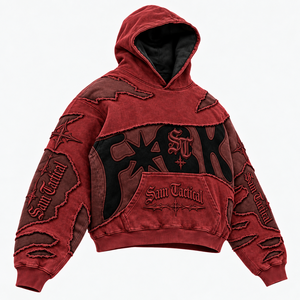 Sweat-shirt à capuche Sam Tactical Red Patchwork pour homme, coupe oversize, style streetwear, logo brodé, design personnalisé OEM - Product Image 6