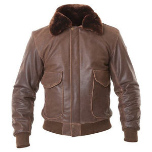 Blouson aviateur en cuir véritable pour homme avec col en fourrure, coupe-vent, style motard, épais, coupe classique - Product Image 1