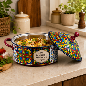 Casserole en acier émaillé peinte à la main de qualité supérieure Marvel Handicrafts avec couvercle, pot de service artisanal coloré, rétention de chaleur, cuisine - Product Image 3