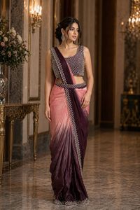 Sari en soie élégant rose à violet dégradé avec chemisier orné et bordure, idéal pour les mariages, longueur ras du sol, coupe classique pour femme - Product Image 1
