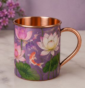 Taza de Cobre Puro Hecha a Mano, Taza de Cobre Decorativa con Diseño de Flor de Loto Púrpura y Pez Koi, Taza de Cobre Artesanal - Product Image 1