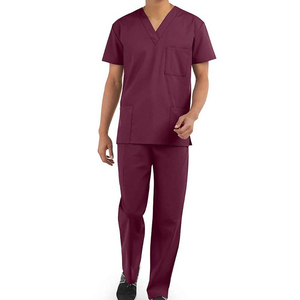 Women <b>Scrub</b> <b>Top</b> V-Neck Short Sleeve Burgundy Cotton Polyester Hospital Uniform Nurse Wear - Product Image 2