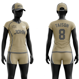 Uniforme de volley-ball beige en polyester et élasthanne, 180 GSM, impression par sublimation, logo, short avec panne latérale grise. - Product Image 1