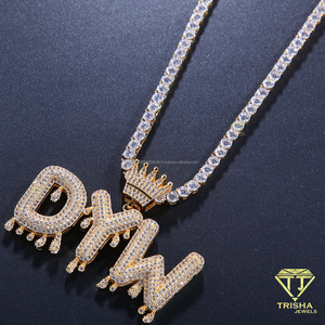 Iced Personalized Gold Plated Rhodium Plated Moissanite Letter Pendant Necklace Crown Detail Cuban <b>Chain</b> Custom <b>Initial</b> Jewelry - Product Image 1