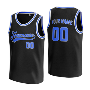 Maillot de basket personnalisé noir et bleu en mesh, col en V, sans manches, unisexe, pour adulte, vêtement d'équipe, impression par sublimation, respirant - Product Image 1
