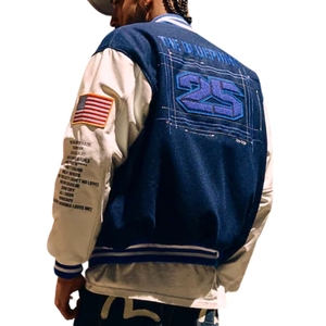 Premium Blueprint x New York Varsity <b>Jacket</b> | Blue & <b>White</b> Full-Snap Edition Wholesale Luxury Streetwear Outerwear - Product Image 2
