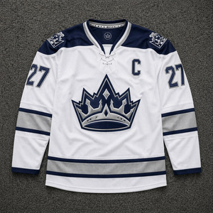 Wholesale Premium White Blue Ice Hockey Jersey with Embroidered <b>Crown</b> Logo Lace-Up <b>V</b>-Neck Team Uniform - Product Image 1