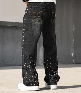 Jean en denim délavé taille haute pour homme, coupe large, avec rivets décoratifs, style urbain, fermeture boutonnée, 100% coton tissé, collection automne - Product Image 3