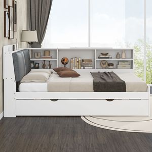 Letto a piattaforma matrimoniale in legno bianco con letto estraibile e testiera contenitore con pratiche mensole - Product Image 3