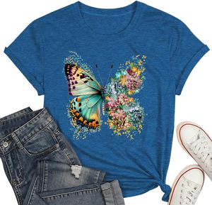 Camiseta de verano con estampado floral de mariposas inspirada en la naturaleza, cuello redondo suave, uso diario, arte elegante de mariposas y crisantemos - Product Image 2
