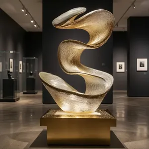 Luxury Golden Abstract Flowing Sculpture with Illuminated Base Modern Decorative Art for Hotel Lobby Living Room and Office - Product Image 2