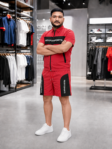 REXFIT SPORTS 2026Custom Unisex Red Black Crinkle Nylon Set Short Sleeve Zip <b>Jacket</b> Shorts Private Label Sportswear Manufacturer - Product Image 5