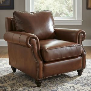 Fauteuil en cuir de vachette véritable, chaise d'appoint en cuir véritable avec accoudoirs roulés et garniture cloutée, mobilier de salon - Product Image 2