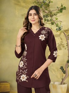 Women's Maroon Cotton Kurta With Floral Embroidery Regular Fit Midi Length Traditional Indian Pakistani Casual Wear - Product Image 1