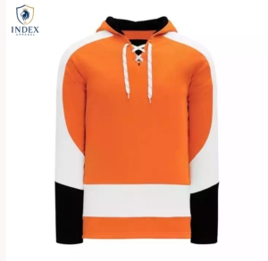 INDEX APPAREL Jersey de Hockey sobre Hielo para Hombre, Naranja, Blanco y Negro, con Capucha, Manga Larga, Cierre de Cordones Frontales, Corte Regular, Ropa Deportiva de Poliéster - Product Image 1
