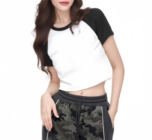 T-shirt court à manches raglan pour femme, blanc et noir, col mandarin, mignon, anti-UV, coupe ajustée, en tissu Dobby soie/coton - Product Image 6
