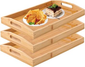 Plateau de service rectangulaire en bois naturel avec poignées ovales découpées, organiseur en bambou écologique - Product Image 4