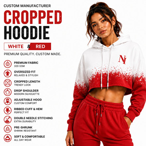 Hoodie court pour femme, dégradé blanc et rouge, manches longues, coupe oversize, épaules tombantes, en molleton, pour l'automne, en coton tricoté, manches longues - Product Image 1