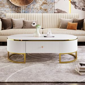 Tavolino da Caffè Ovale Moderno con Decorazioni in Metallo Dorato, Design a Profilo Curvo e Cassetti, Tavolo Centrale da 120 cm per Soggiorno - Product Image 1