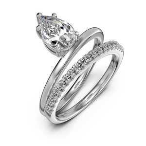 Bague de fiançailles double bande en or blanc massif 10k 14k 18k avec diamant taille poire cultivé en laboratoire et accent pavé, alliance solitaire pour femme - Product Image 5