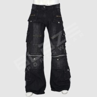 Kadın erkek orta artış çok cepler sıkıntılı yıkanmış Denim düz kargo kot nefes çevre dostu yüksek sokak Baggy pantolon