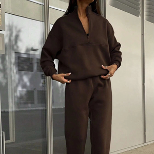 women tracksuit fitted cotton polyester fabric zipper jacket jogger <b>pants</b> athletic gym wear sportswear set - Product Image 1