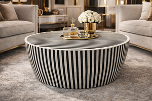 <b>Round</b> Wabi-Sabi Luxury Coffee <b>Table</b> Black and <b>White</b> Striped Modern Living Room Sofa <b>Table</b> - Product Image 4