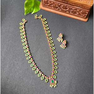 Palakka Mala Gold Plated Designer Zircon Pearl Necklace and Earring Set for Wedding - Product Image 4