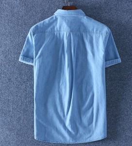 <b>Men's</b> Light Blue Denim Short Sleeve Shirt Regular Fit Turn-down Collar Casual Summer Breathable 100% Cotton Woven Fabric - Product Image 4