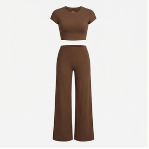 Brown 2 Piece <b>Yoga</b> Set Crop Top High Waist Full Length <b>Pants</b> Seamless Solid Color Front Logo Customizable Women's Activewear - Product Image 1
