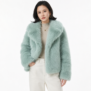 Veste en fausse fourrure vert menthe pour femme avec bordure en fourrure, manches longues, courte, décontractée, chaude pour l'hiver - Product Image 4