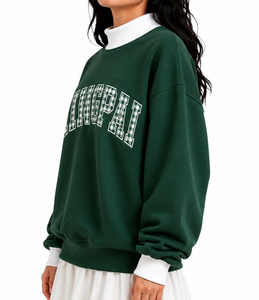 เสื้อสเวตเตอร์คอกลมผู้หญิง Mellow แต่งลายดอกไม้ปัก ผ้ากิ๊งแฮม แพทช์ โอเวอร์ไซส์ ผ้าฝ้ายฟลีซ สไตล์ Preppy มหาวิทยาลัย แคมปัส สตรีทแวร์ - Product Image 2