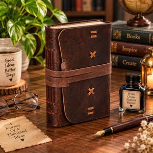 Rustic Hardcover Leather Journal Vintage Deckle Paper Notebook Acid-Free Wrap Closure <b>Diary</b> 7x5 Inch Handmade Genuine Leather - Product Image 2